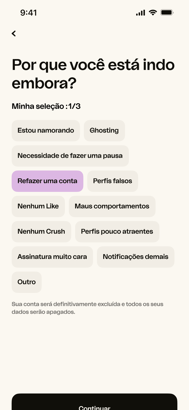 DMA - Questionário de exclusão (selecionado) - iOS (PT-BR)