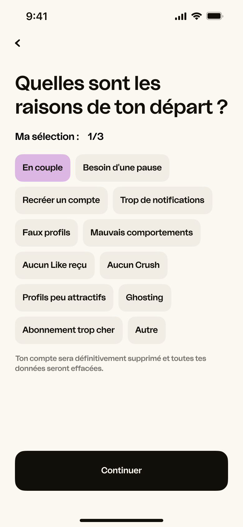 DMA - Questionnaire suppression (sélectionné) - iOS (FR)