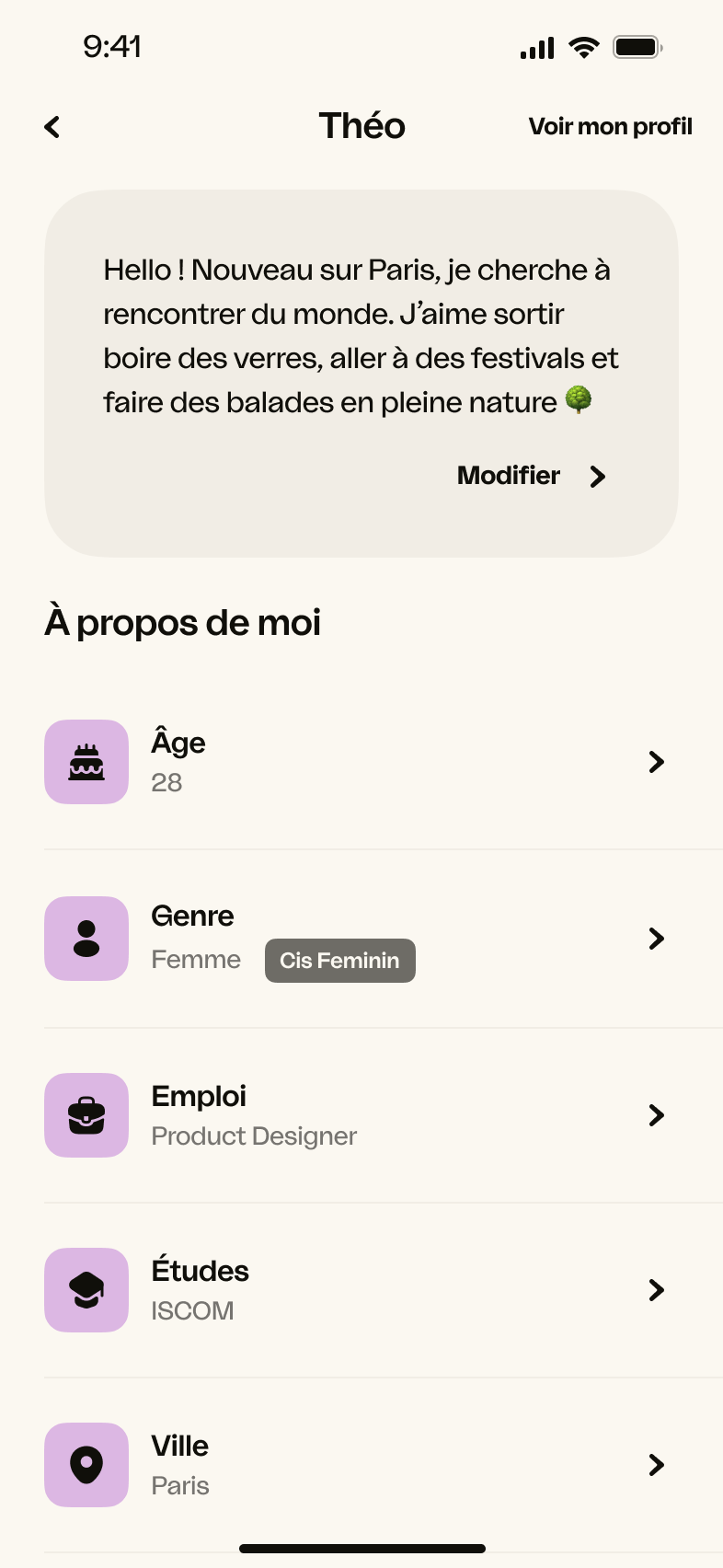 Android Modifier le profil